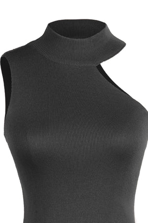 Black ribbed knit tank top with asymmetric cut-out neckline and mock neck.