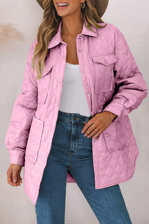 Pink quilted utility jacket with chest and hip pockets and button front.