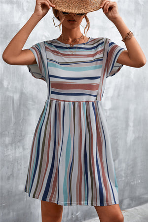 Striped yoke-seam trapeze dress with short sleeves and a gathered waist.