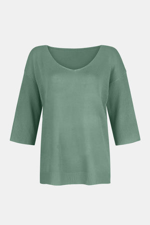Flared sleeve V-neck knit sweater in Gum Leaf with ribbed sleeves.