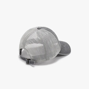 Gray vintage wash trucker hat with mesh back and adjustable strap