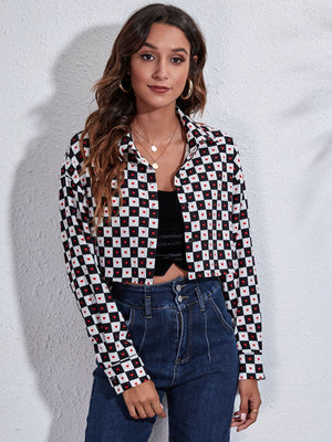 Checkerboard cropped shirt jacket with red hearts, button front, and collar.