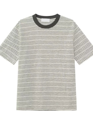 Essential striped crew neck t-shirt in white with grey stripes and a dark grey neckline.