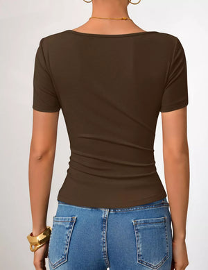 Brown asymmetrical fitted t-shirt with short sleeves and a square neckline.