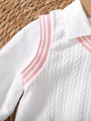 Children's Long Sleeve Shirt & Knit Vest And Jeans Set in White, model styling view