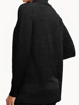 Black textured knit open-front cardigan with long sleeves and pockets.
