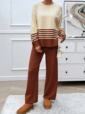 Color-blocked knit lounge set with tan and brown stripes on sweater and brown pants.