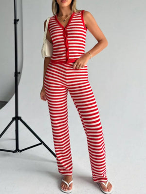 Red and white striped knit V-neck buttoned sleeveless top and wide leg pants set.