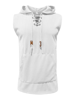 White ribbed knit sleeveless hoodie with lace-up neckline and front pocket.