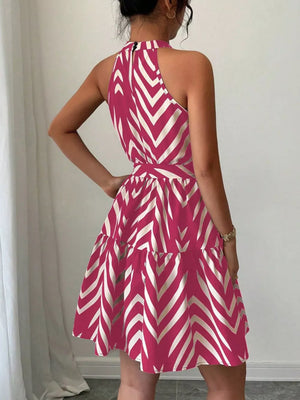 Rose red halter neck tie-waist ruffle dress with chevron print
