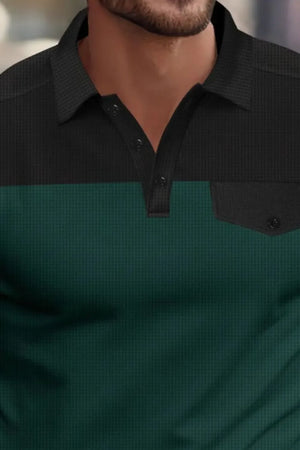 Colorblock waffle knit polo shirt in dark green and black with chest pocket detail.