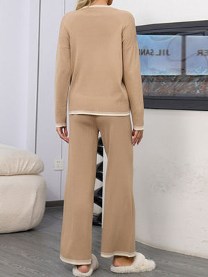 Khaki acrylic sweater set with contrast trim and wide-leg pants.