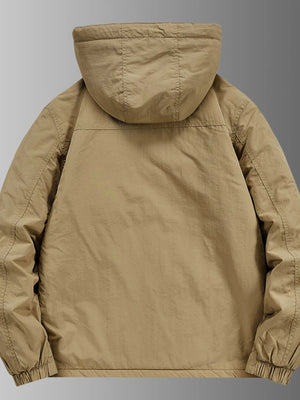 Khaki hooded waterproof jacket, back view, casual men's outerwear
