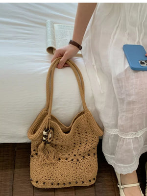 Knit Crochet Handbag in Brown, model styling view
