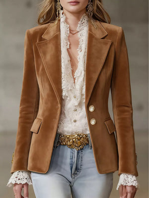 Single-breasted Lapel Collar Blazer in Brown, front view