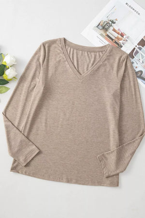 Solid Color V Neck Long Sleeve Top in Black, alternate angle