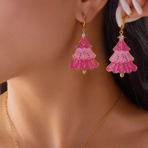 Christmas tree dangle earrings in blush pink with festive details and gold accents.