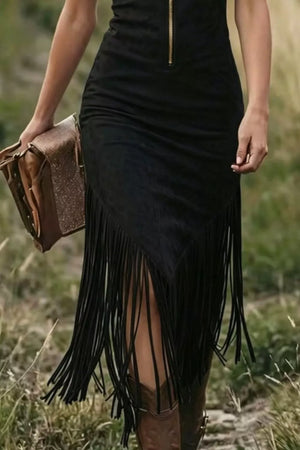Black midi dress with asymmetrical fringe hem and gold zipper detail
