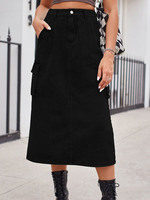 Black denim midi skirt with cargo pockets and a front slit