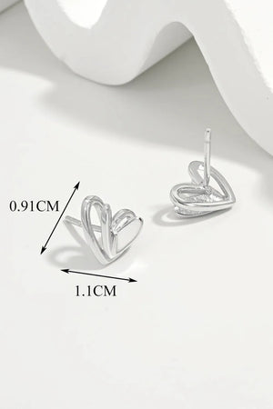 Silver open heart silhouette stud earrings with dimensions shown.