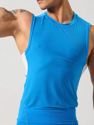 Sky blue athletic tank top with white side panels and a crew neck.