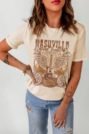 Khaki crew neck t-shirt with Nashville Music City graphic and guitar.