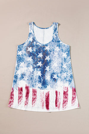 Distressed Americana tank top in dusty blue with stars and stripes print.