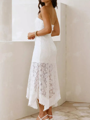 White lace strapless midi dress with floral overlay and pom-pom trim hem