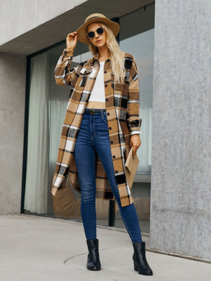 Oversized plaid shirt jacket dress in caramel with button front and pockets.
