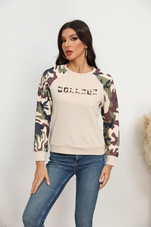 Cream crewneck sweatshirt with camouflage raglan sleeves and "COLLEGE" graphic.
