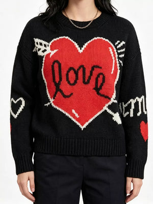 Heart Round Neck Ribbed Sweater in Pink, model styling view