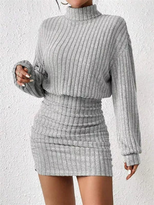 Light gray ribbed turtleneck mini dress with long sleeves and ruched detail