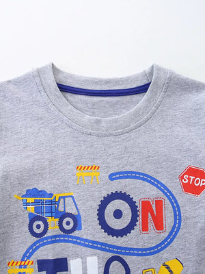 Grey cotton toddler t-shirt with construction truck and "ON" graphic.