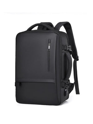Black convertible commuter backpack with USB port and multiple zippered pockets.