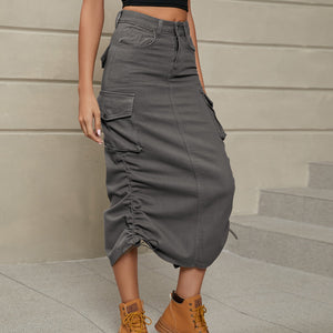 Mid gray cargo denim midi skirt with adjustable ruching detail and pockets