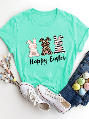 Aqua t-shirt with three graphic bunnies and Happy Easter text