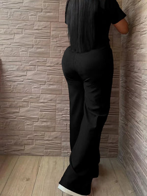 Leopard Print Crop Top And Wide Leg Pants Set in Black, back view