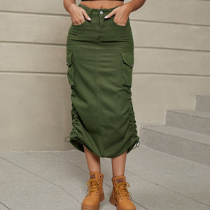 Army green cargo denim midi skirt with adjustable ruching and side pockets