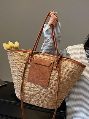 Straw Woven Shoulder Bag With Leather Accents in Khaki, fit detail