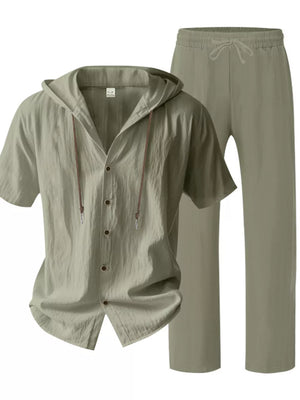 Men's Army Green Linen Blend Hooded Top and Pants Pajama Set