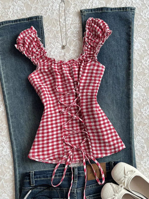 Frill Gingham Cap Sleeve Blouse, back view
