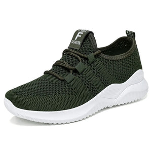 Army green knit runner sneakers with white sole and logo detail on tongue