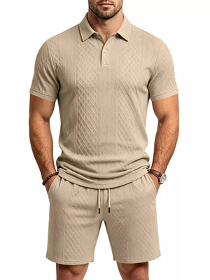 Men's Textured Short Sleeve Polo & Shorts Set in Dark Gray, model styling view