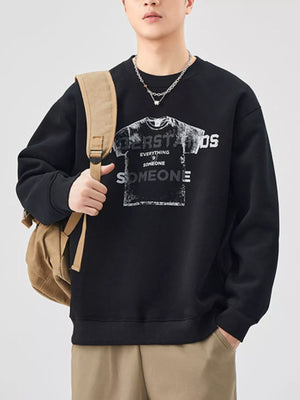 Men's black oversized graphic sweatshirt with crew neck and long sleeves.