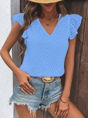 Sky blue textured chevron v-neck blouse with flutter sleeves