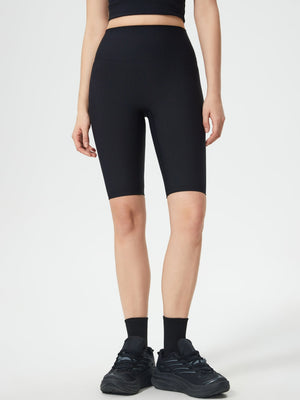 Black ribbed contour cycling shorts with a high waist.