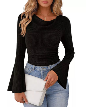 Ribbed Bell Sleeve T-shirt in Moss, model styling view