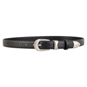 Black leather belt with elegant silver buckle and tip detail