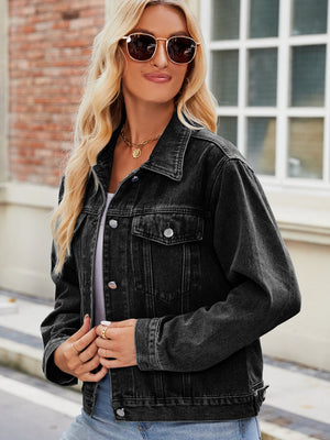 Black denim boxy fit jacket with button front and chest pockets