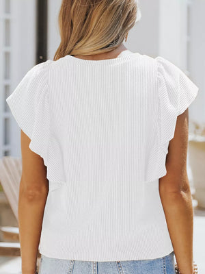 White ribbed t-shirt with ruffled short sleeves and a crew neck.